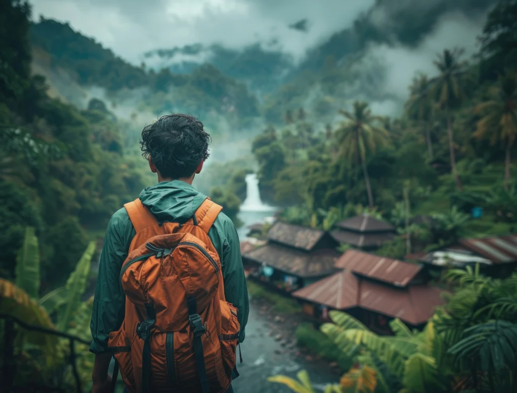 A young man satanding with a bag admires the coorg village