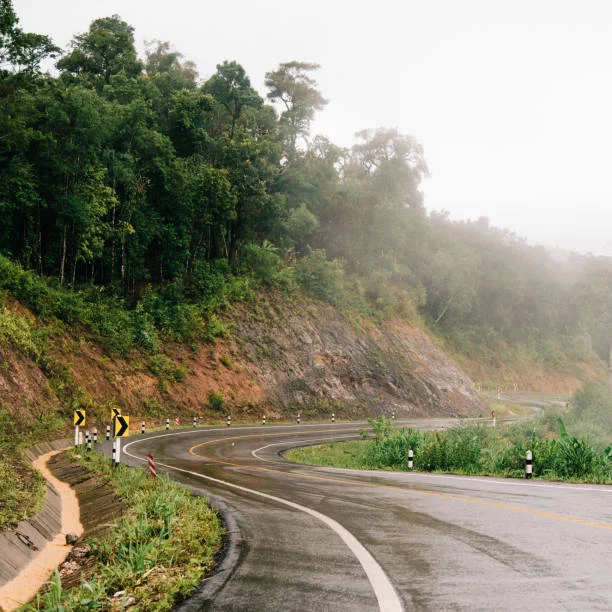 Rainy season landscape in Coorg with misty hills, greenery, and waterfalls.
