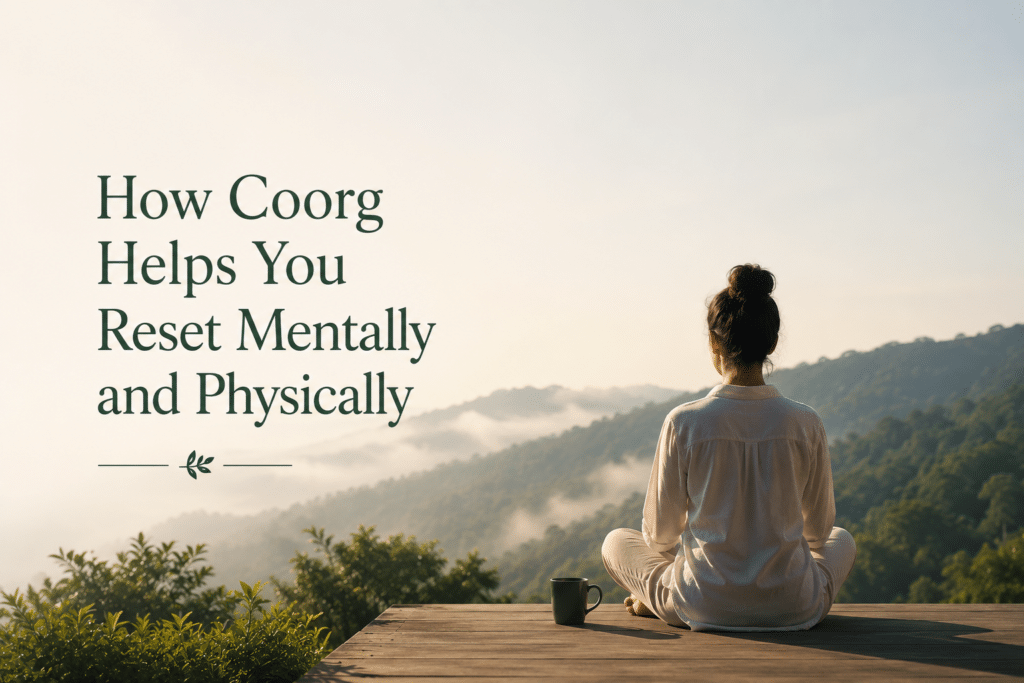 Person meditating on a wooden deck overlooking the misty hills of Coorg, surrounded by lush greenery and a peaceful natural landscape.